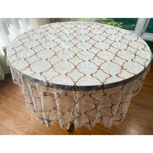 Vintage 70s curtain, white tan and brown geometric pattern, mesh panel