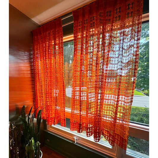 Vintage 70s pleated curtain, pumpkin orange open weave panel