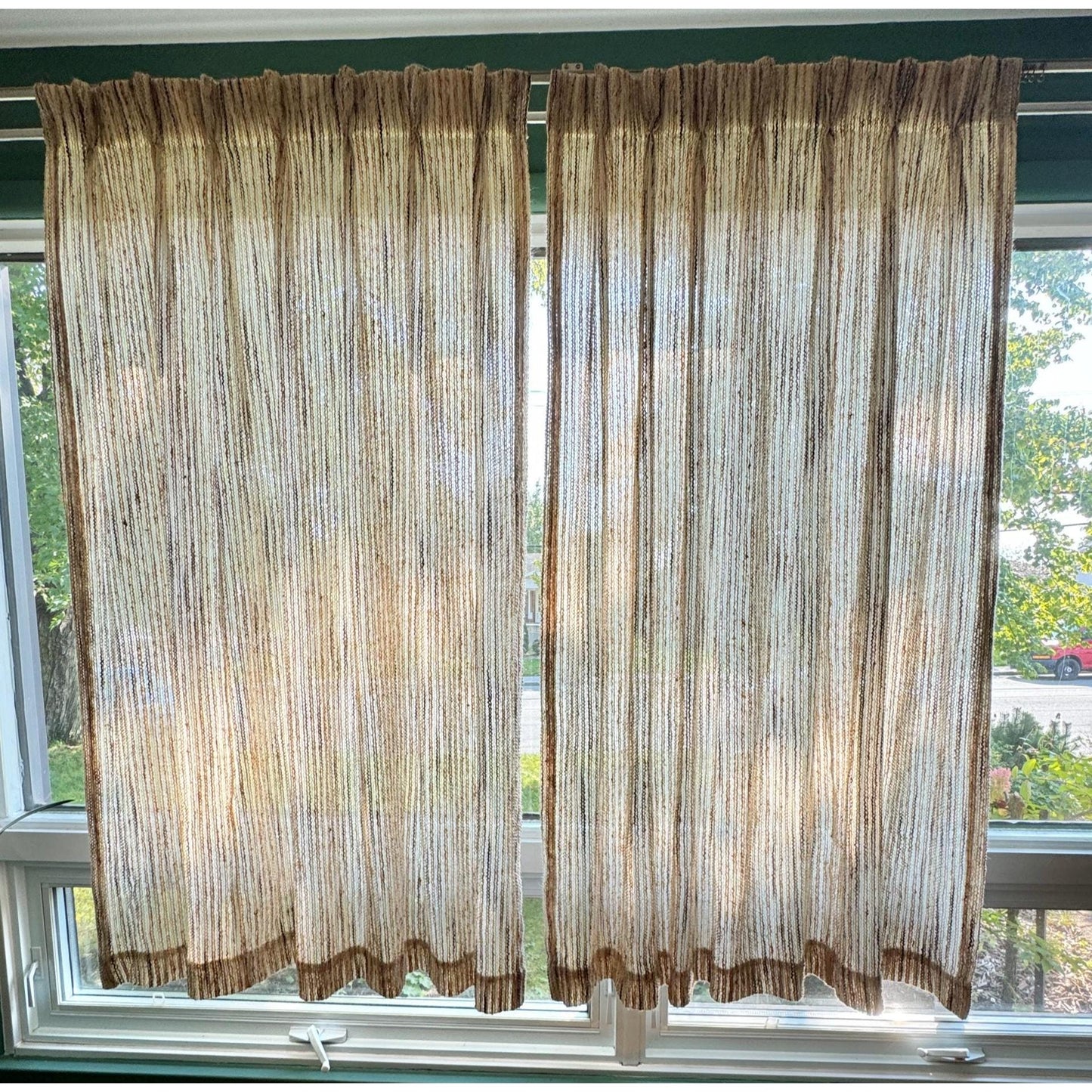 Vintage 70s pleated curtain, tan and brown panel
