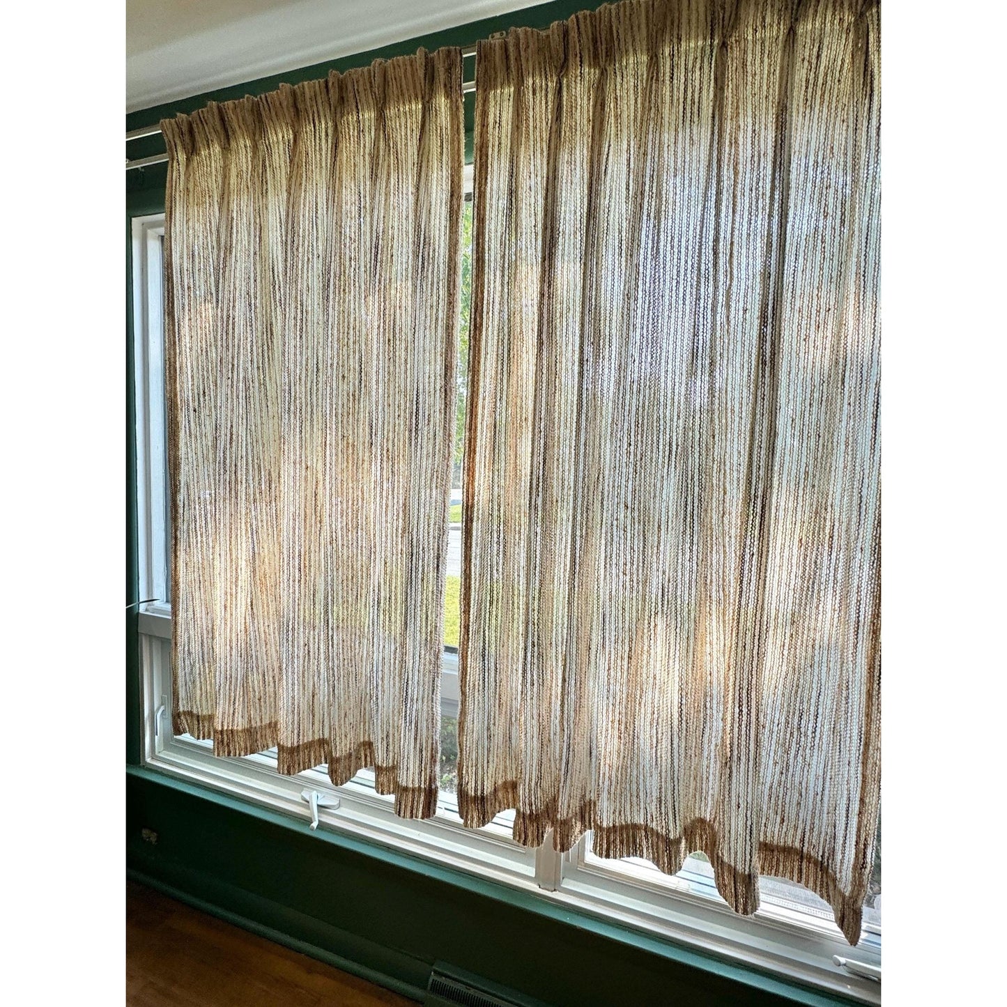 Vintage 70s pleated curtain, tan and brown panel