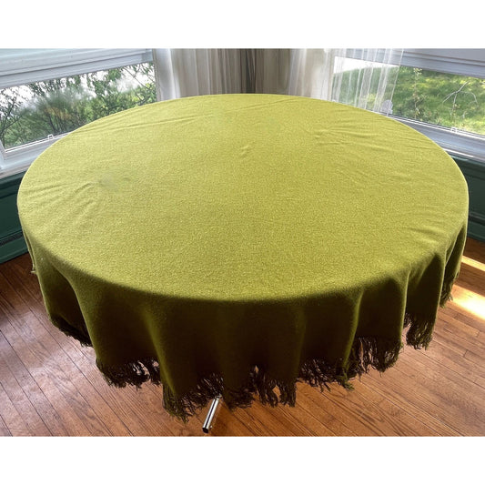 Vintage 70s fringed olive green tablecloth, oblong