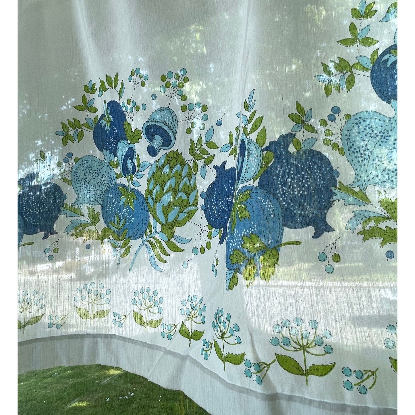 Vintage 70s cafe curtains, white green and blue vegetables panel and valance set