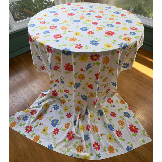 Vintage 70s flat/top sheet, yellow red blue flowers, primary colors, twin size bed, Pequot
