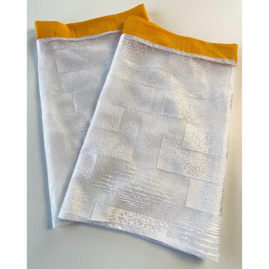 Vintage 70s curtain, white shimmery print, yellow top trim valance