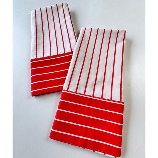 Vintage 70s pillowcases, red white stripes pattern, Caldwell