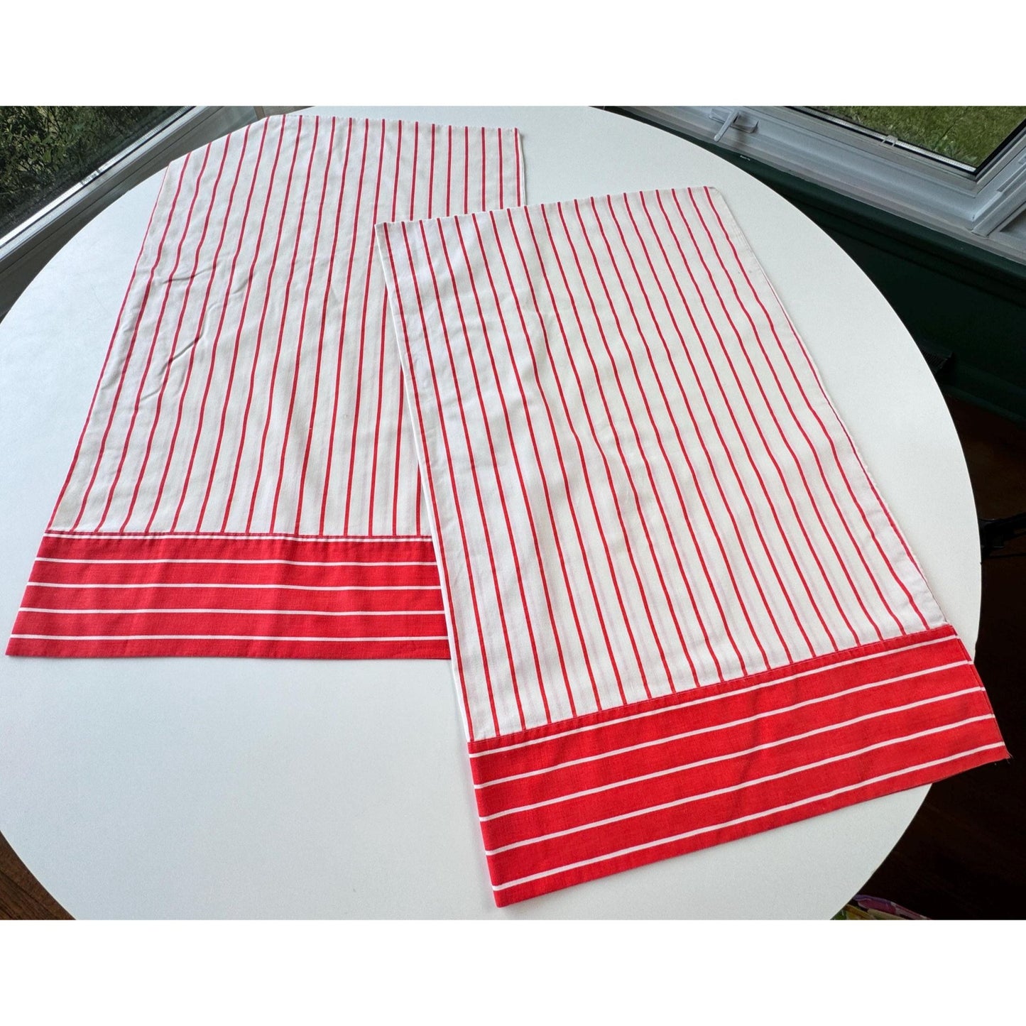 Vintage 70s pillowcases, red white stripes pattern, Caldwell