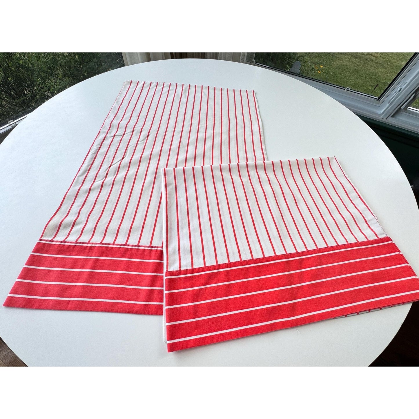 Vintage 70s pillowcases, red white stripes pattern, Caldwell