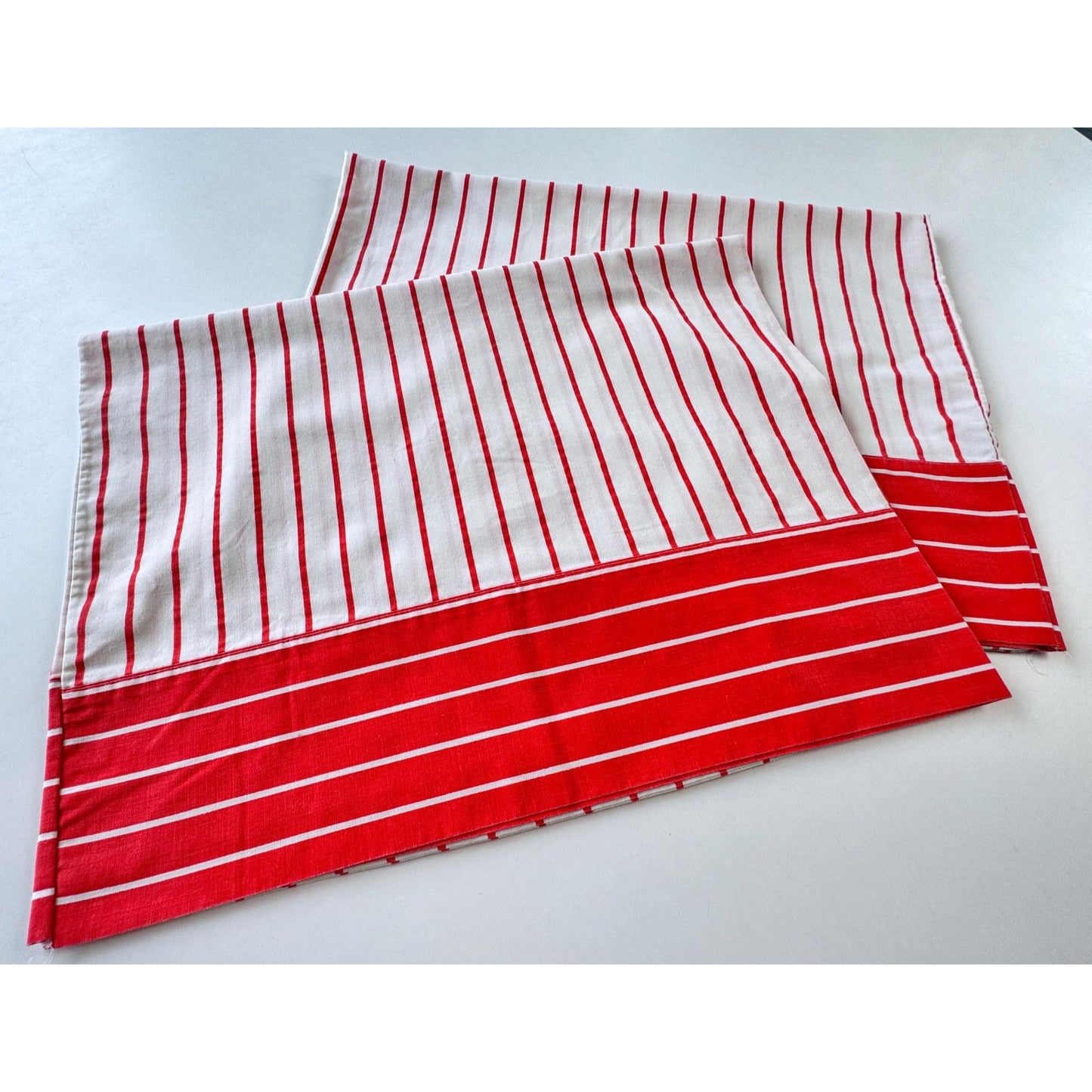 Vintage 70s pillowcases, red white stripes pattern, Caldwell