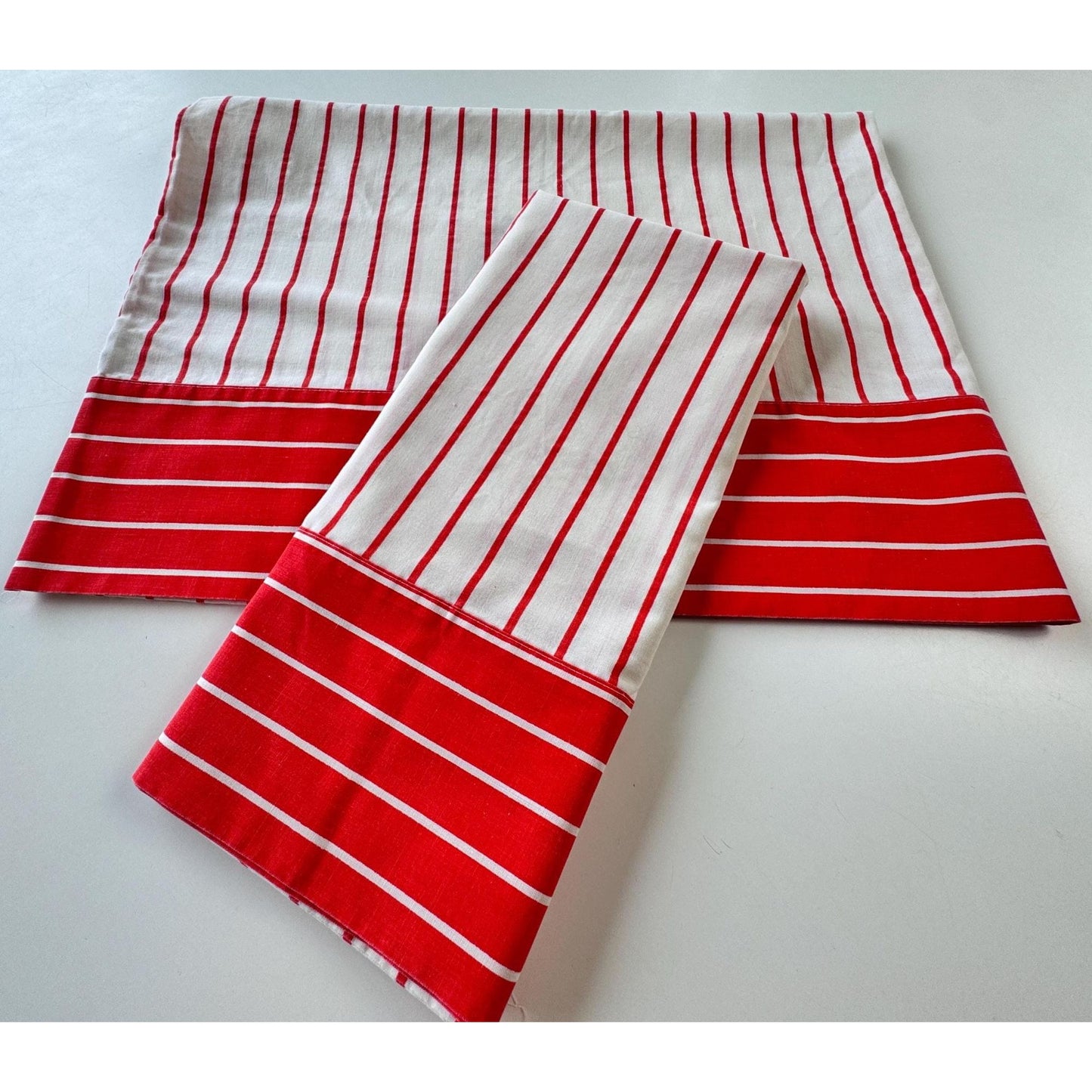 Vintage 70s pillowcases, red white stripes pattern, Caldwell