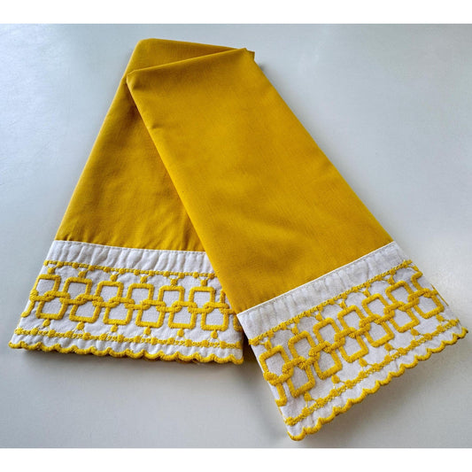 Vintage 70s pillowcases set, orange embroidered trim