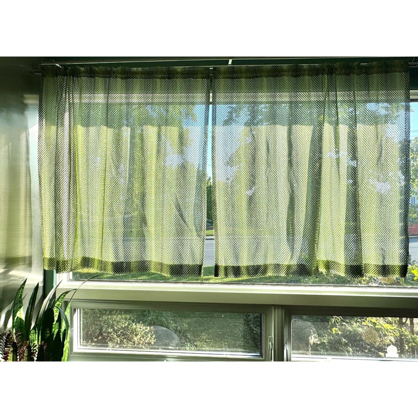 Vintage 70s curtain, green ombre effect mesh panel