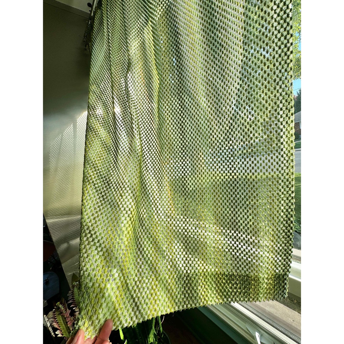 Vintage 70s curtain, green ombre effect mesh panel