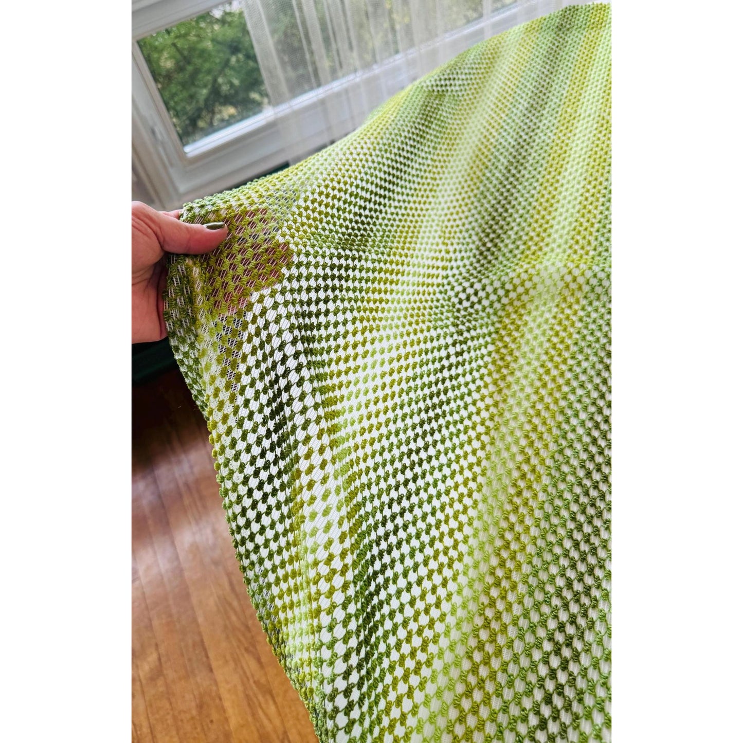 Vintage 70s curtain, green ombre effect mesh panel