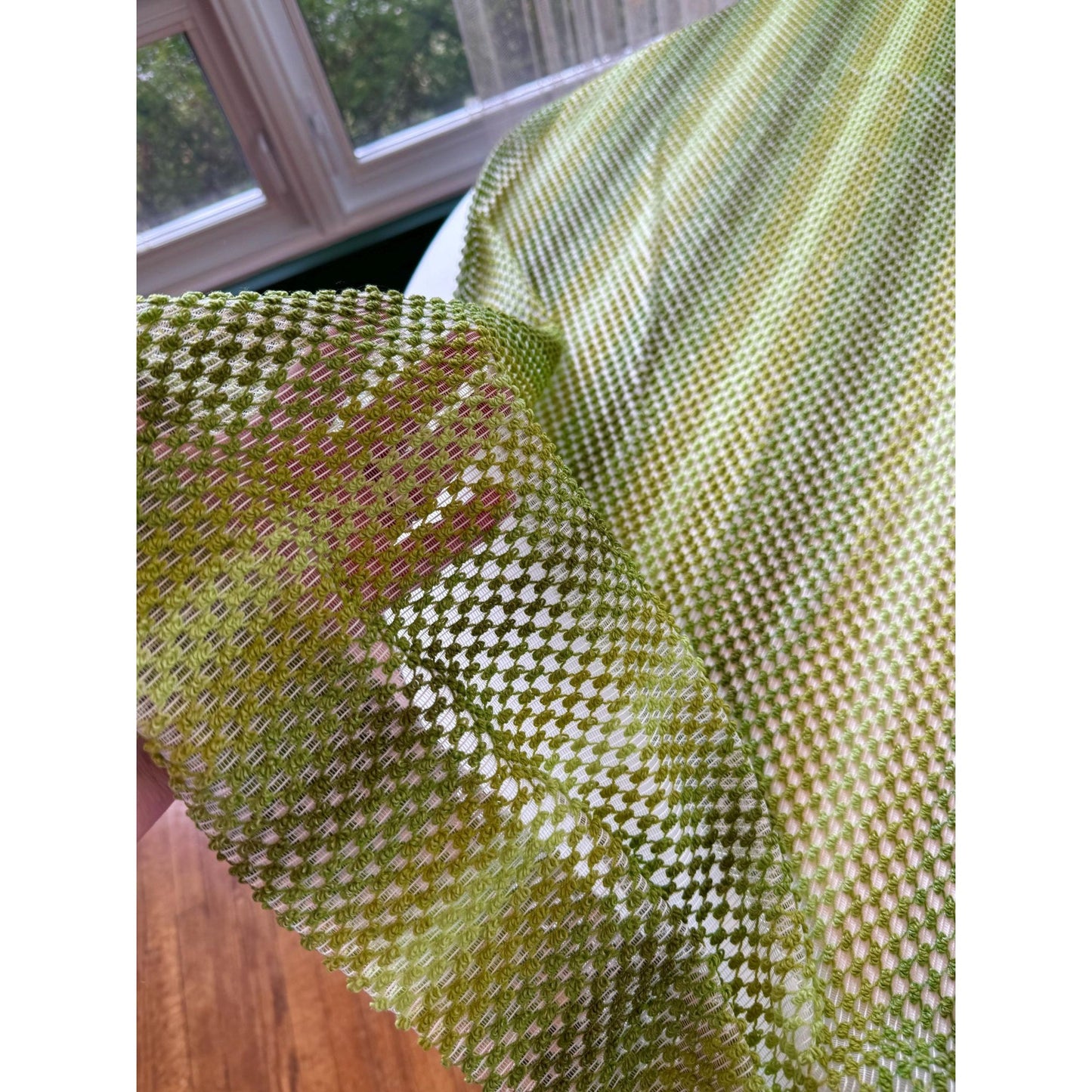 Vintage 70s curtain, green ombre effect mesh panel