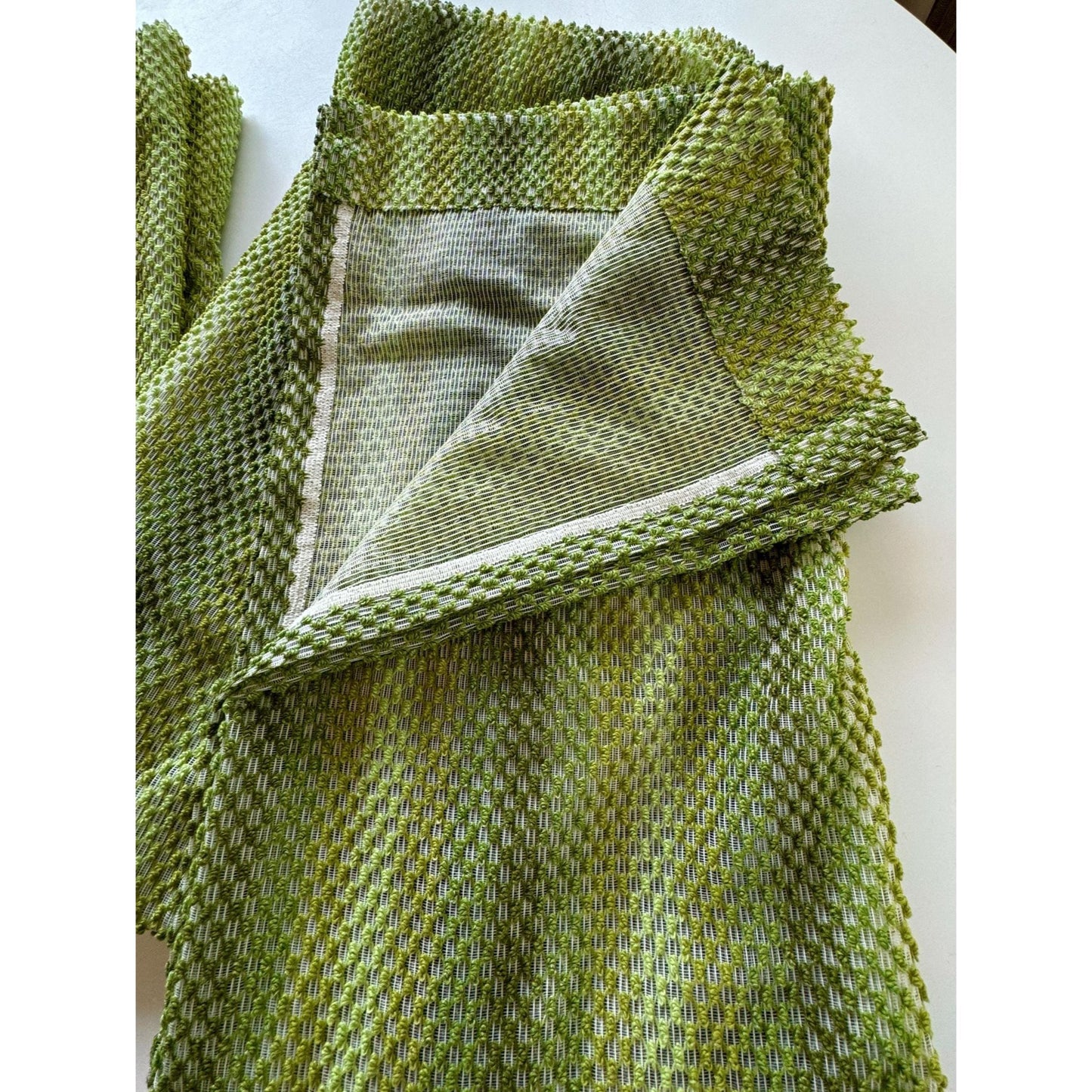Vintage 70s curtain, green ombre effect mesh panel