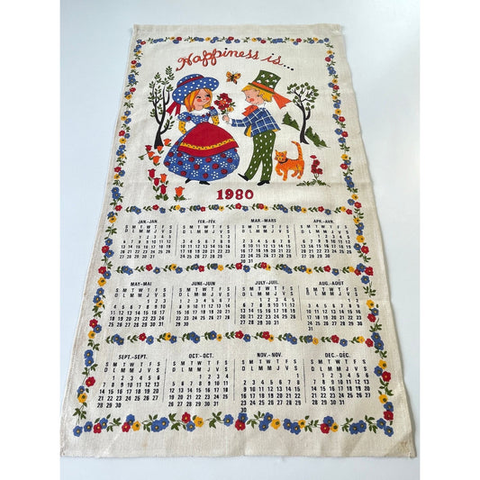 Vintage 1980 calendar tea towel, "Happiness is...", English/French