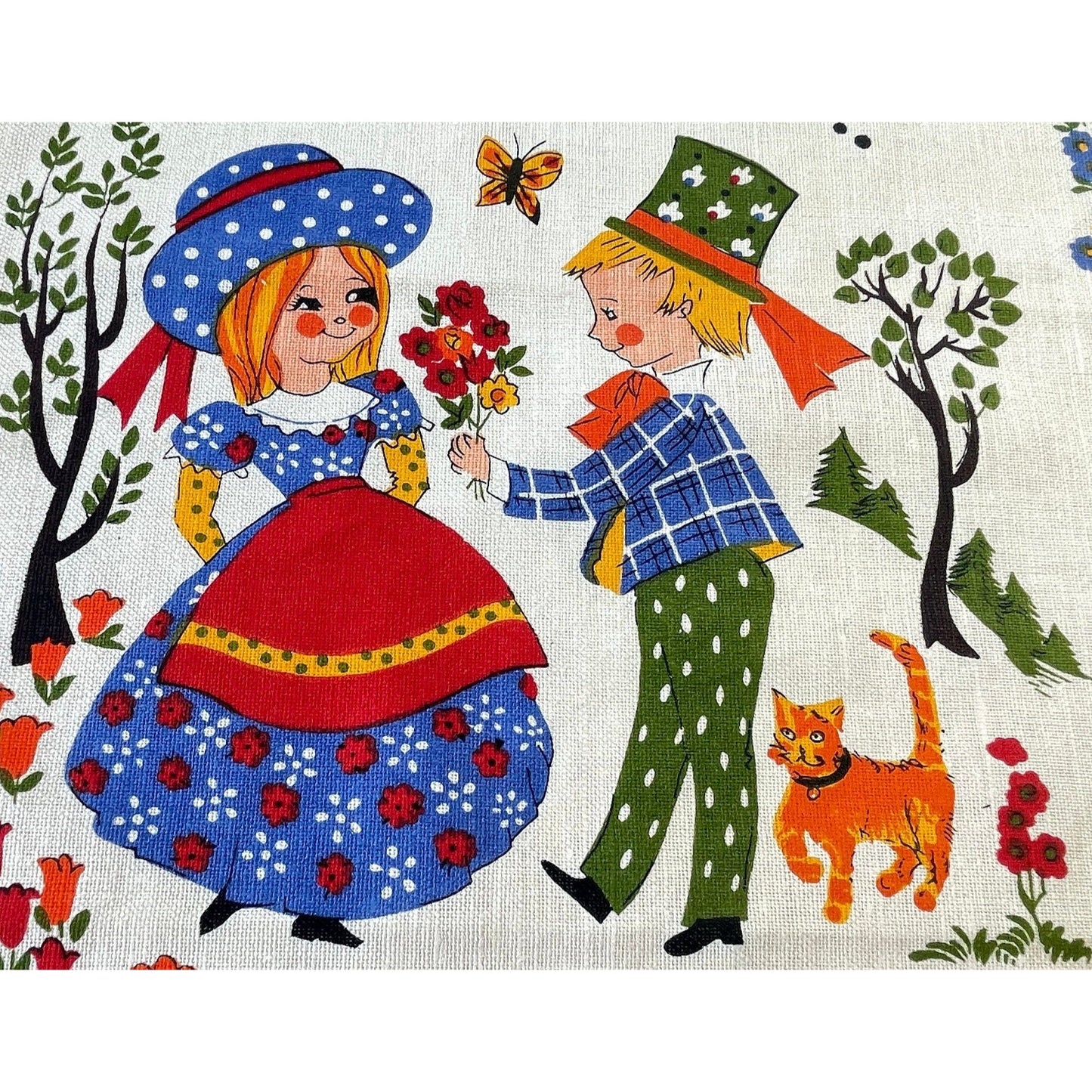 Vintage 1980 calendar tea towel, "Happiness is...", English/French