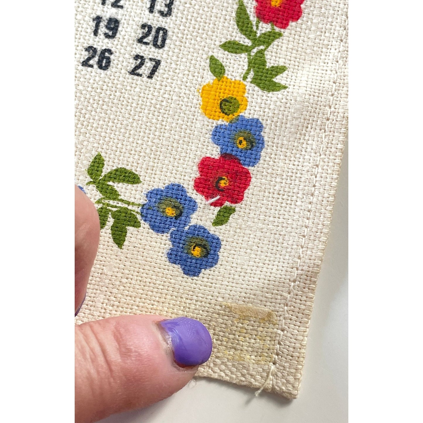 Vintage 1980 calendar tea towel, "Happiness is...", English/French