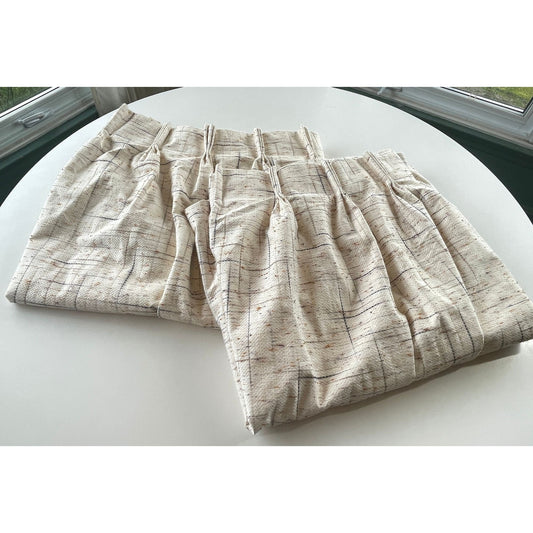 Vintage 70s pleated curtain, beige and brown geometric pattern, blackout panel