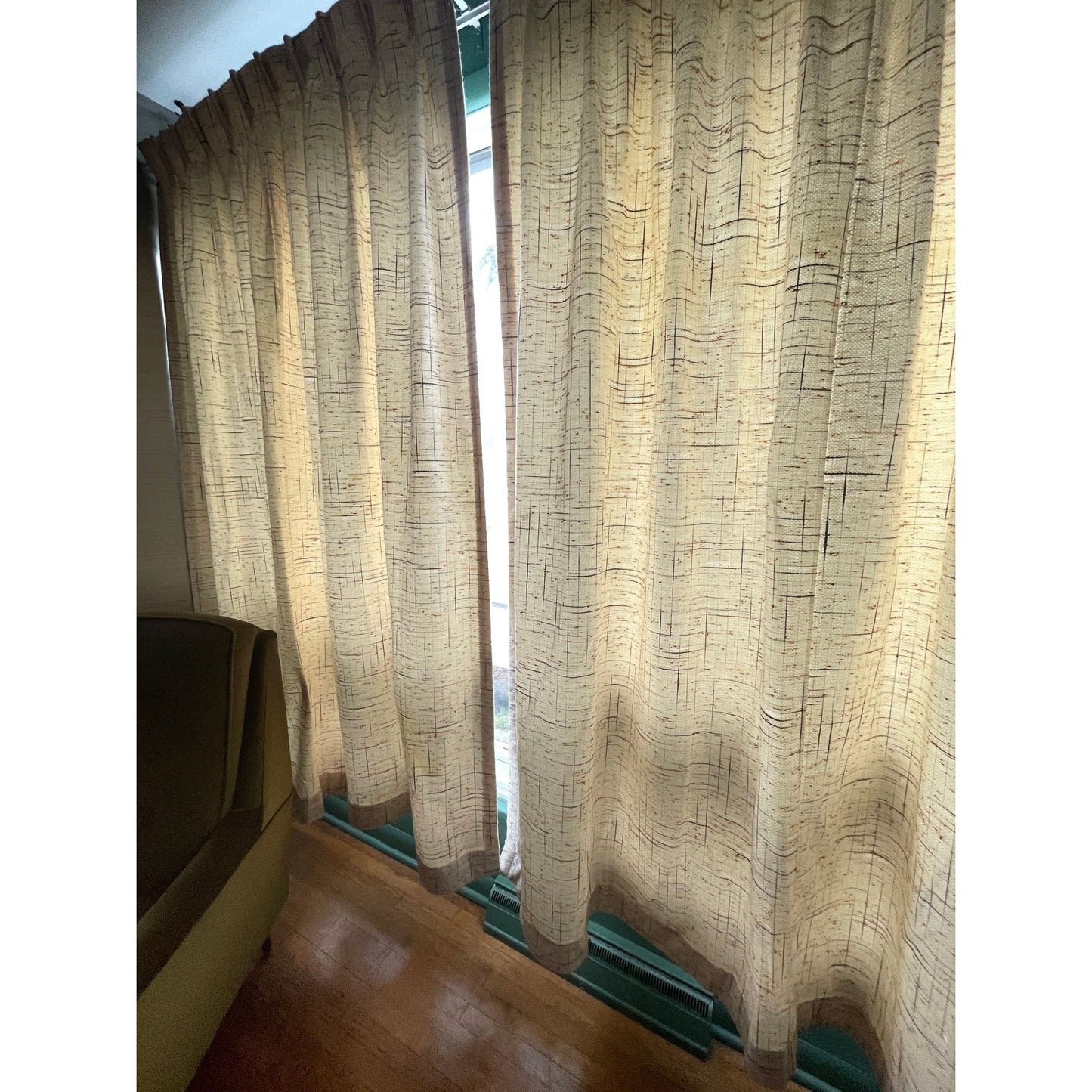 Vintage 70s pleated curtain, beige and brown geometric pattern, blackout panel