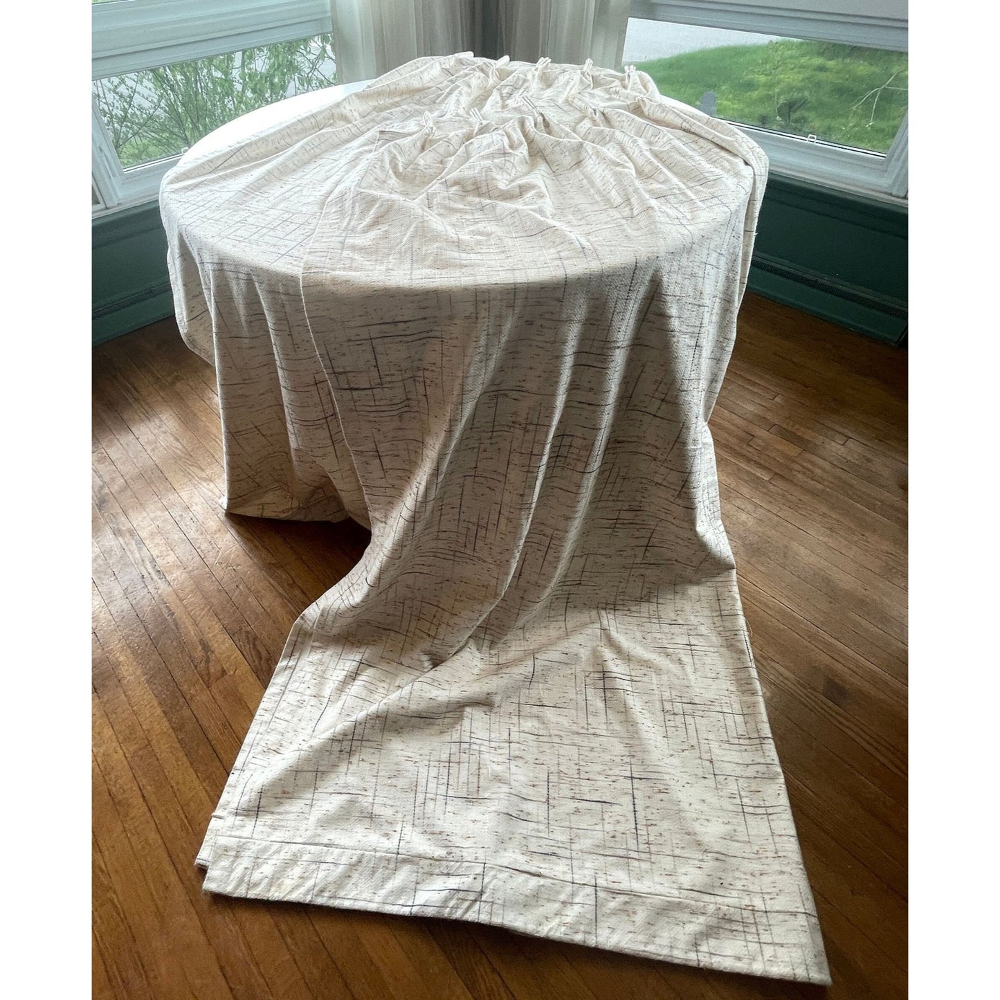 Vintage 70s pleated curtain, beige and brown geometric pattern, blackout panel