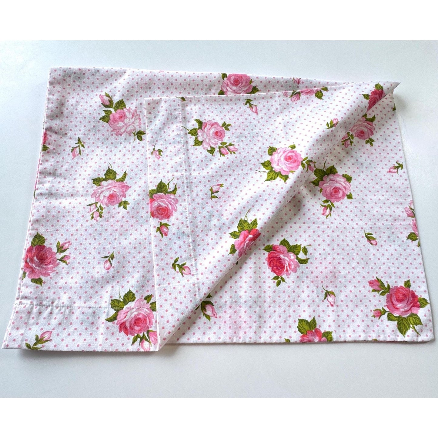 Vintage 70s pillowcase, pink floral and polka dots, Texmade Truprest