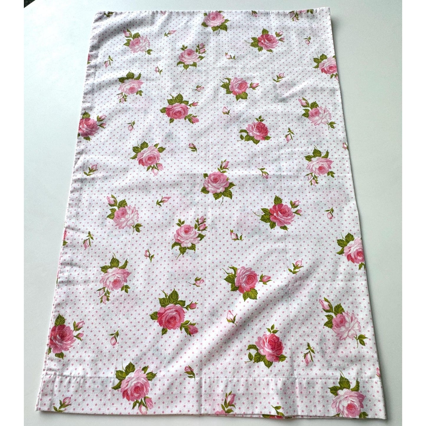 Vintage 70s pillowcase, pink floral and polka dots, Texmade Truprest