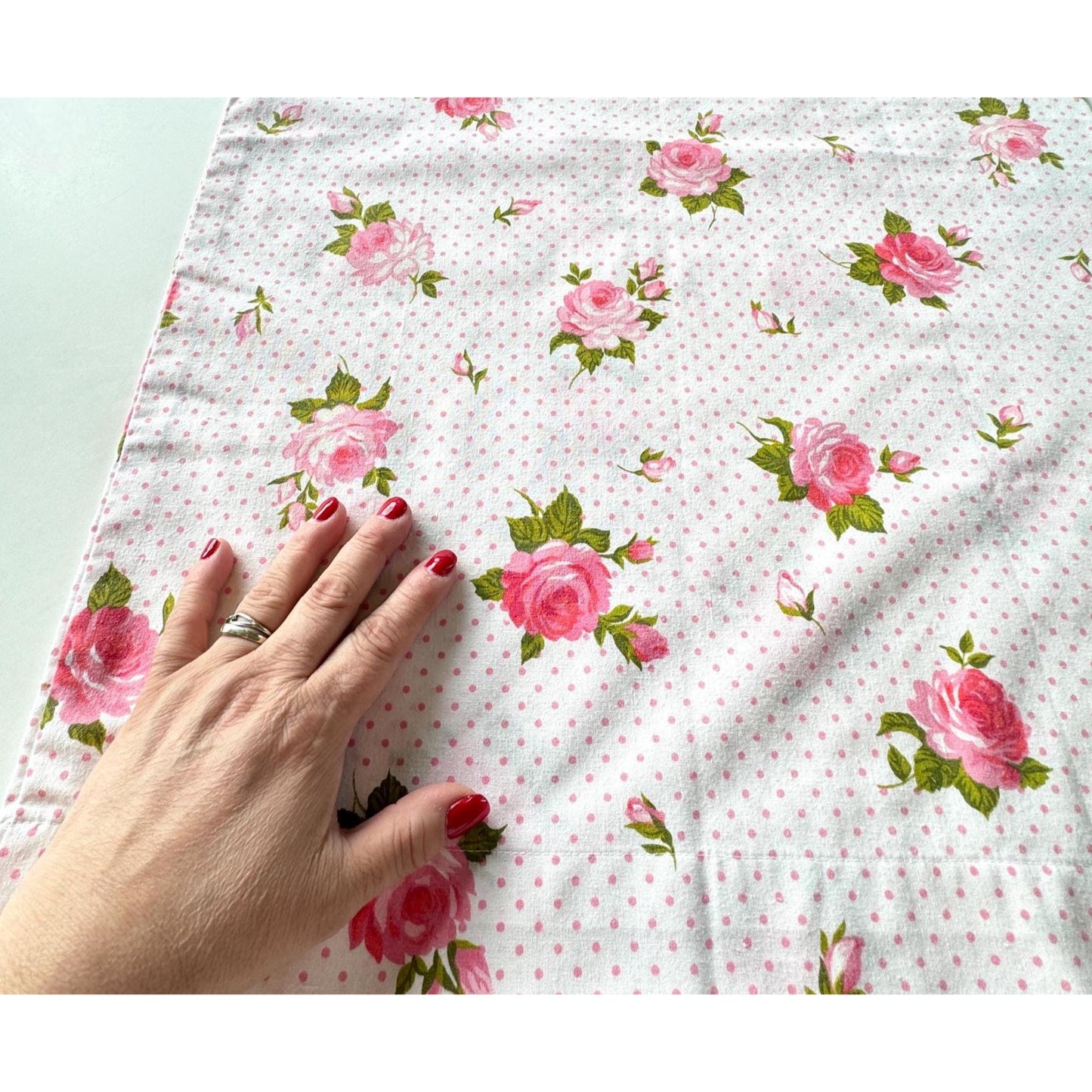 Vintage 70s pillowcase, pink floral and polka dots, Texmade Truprest