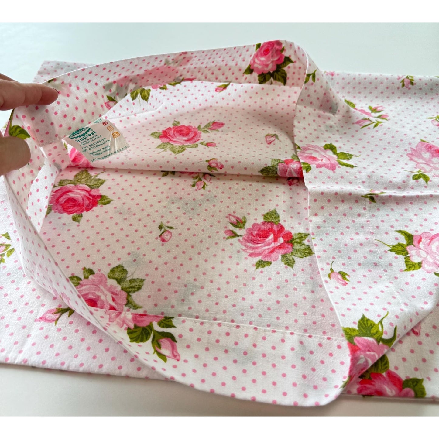 Vintage 70s pillowcase, pink floral and polka dots, Texmade Truprest