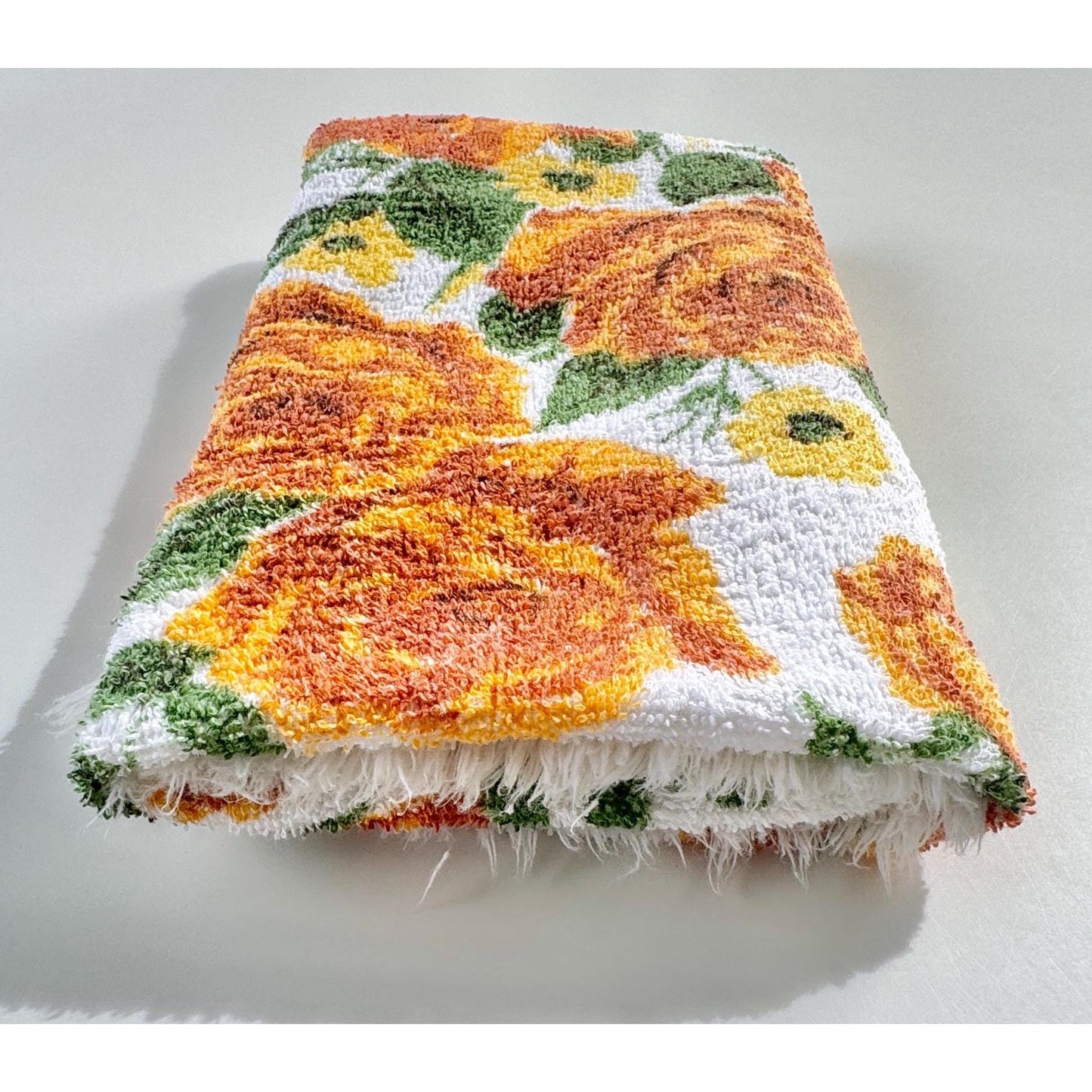 Vintage 70s bath towel, orange and yellow flowers with greenery