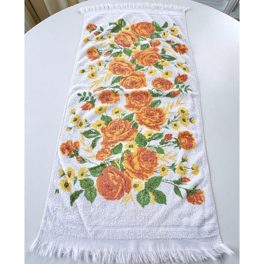 Vintage 70s bath towel, orange and yellow flowers with greenery