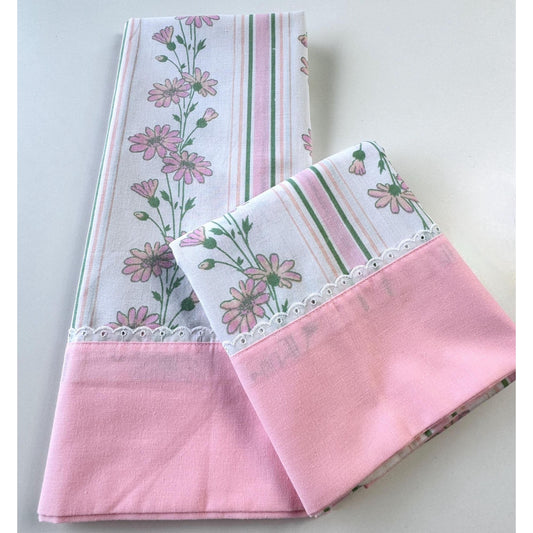 Vintage 70s pillowcases, pink white green floral & stripes, Dan River Dantrel
