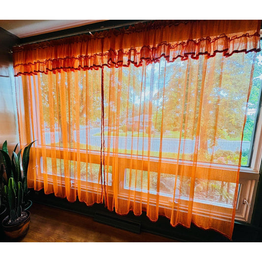 Vintage 70s curtains, pumpkin orange double ruffled panels