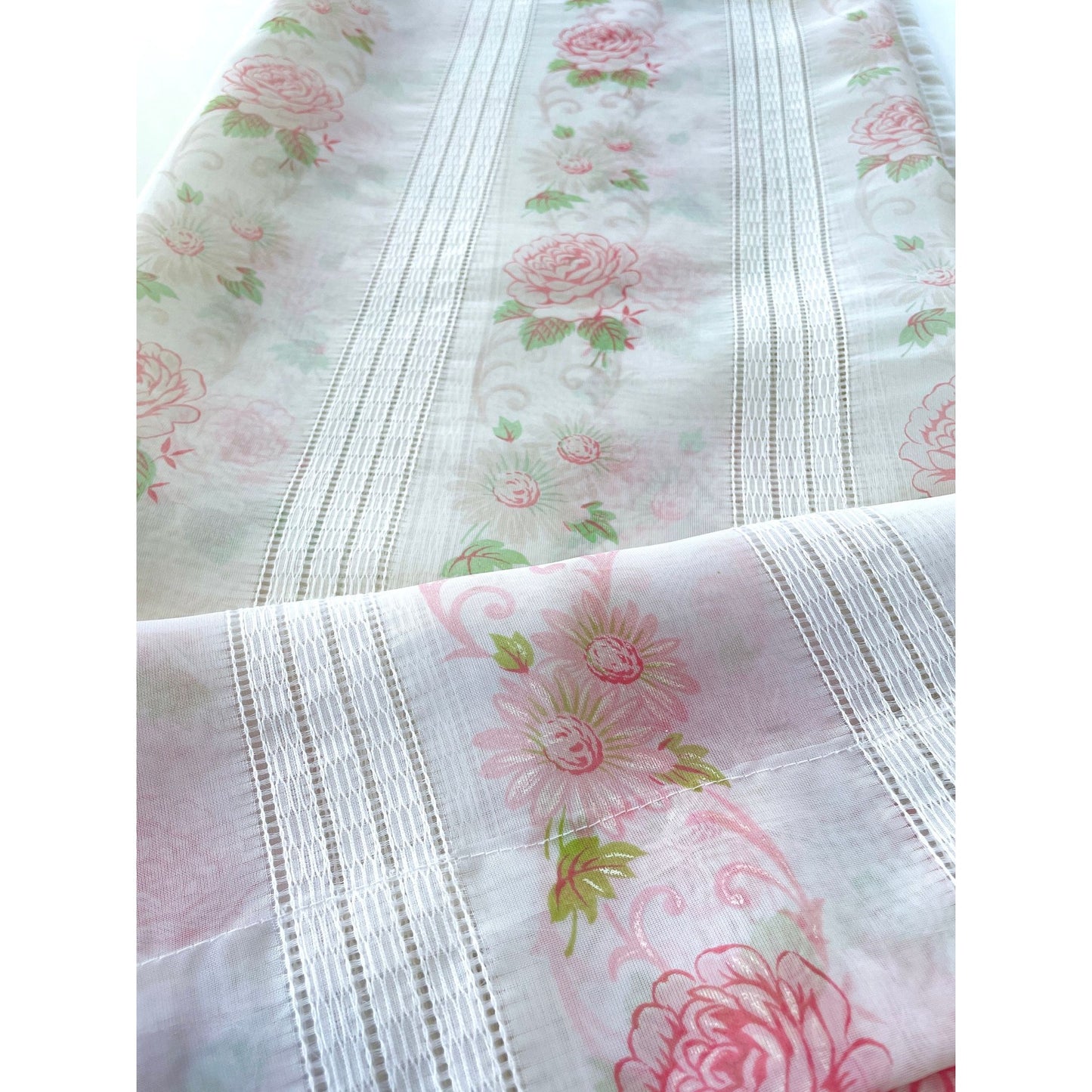 Vintage 70s curtain, pink bouquet with greenery, sheer panel
