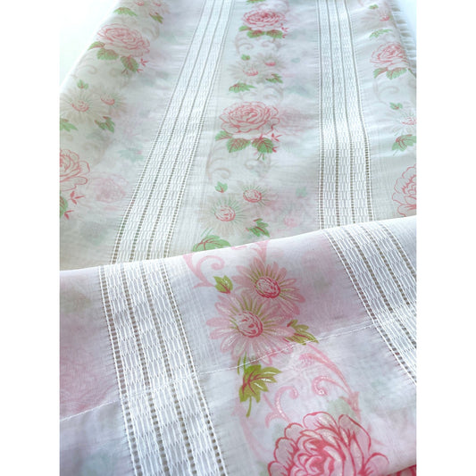 Vintage 70s curtain, pink bouquet with greenery, sheer panel
