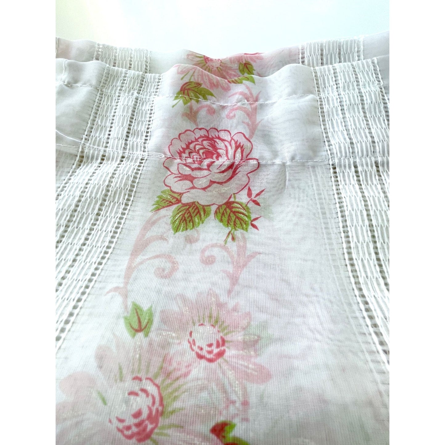 Vintage 70s curtain, pink bouquet with greenery, sheer panel