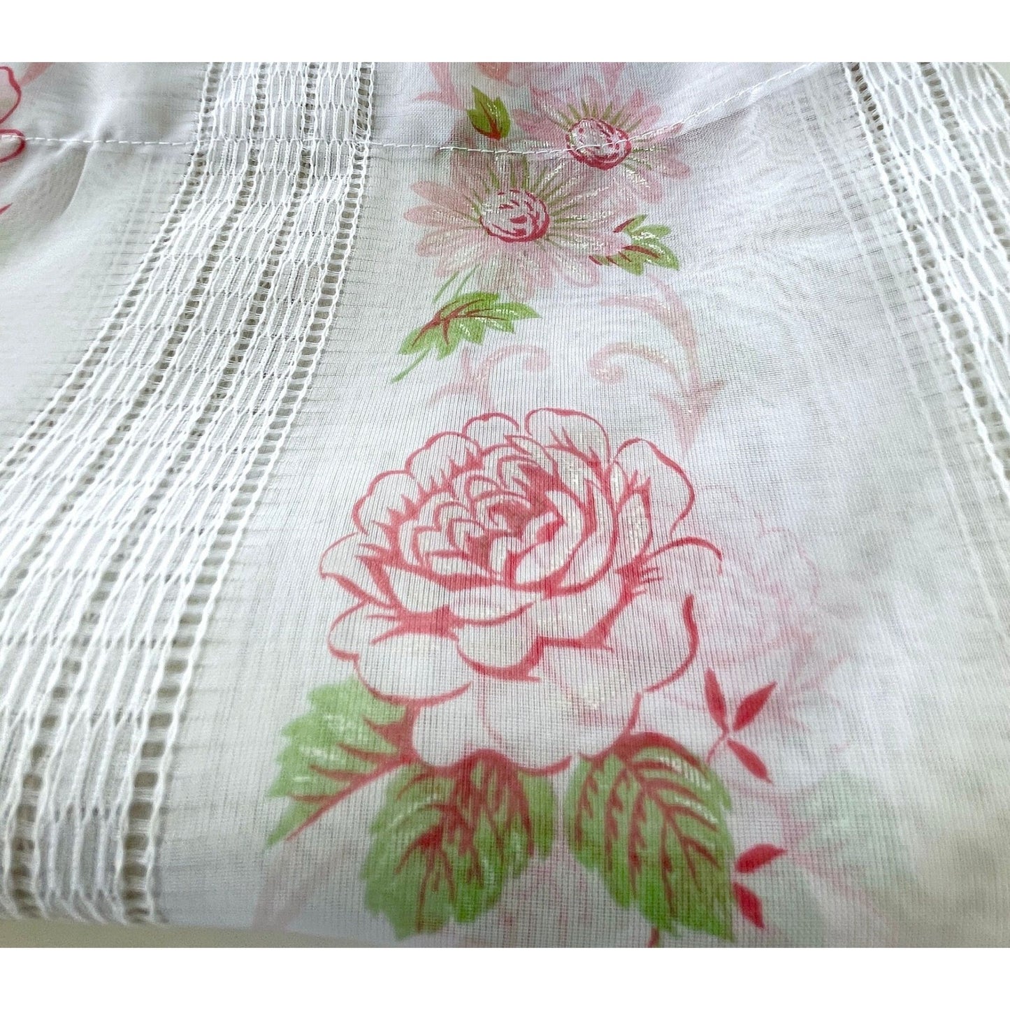 Vintage 70s curtain, pink bouquet with greenery, sheer panel
