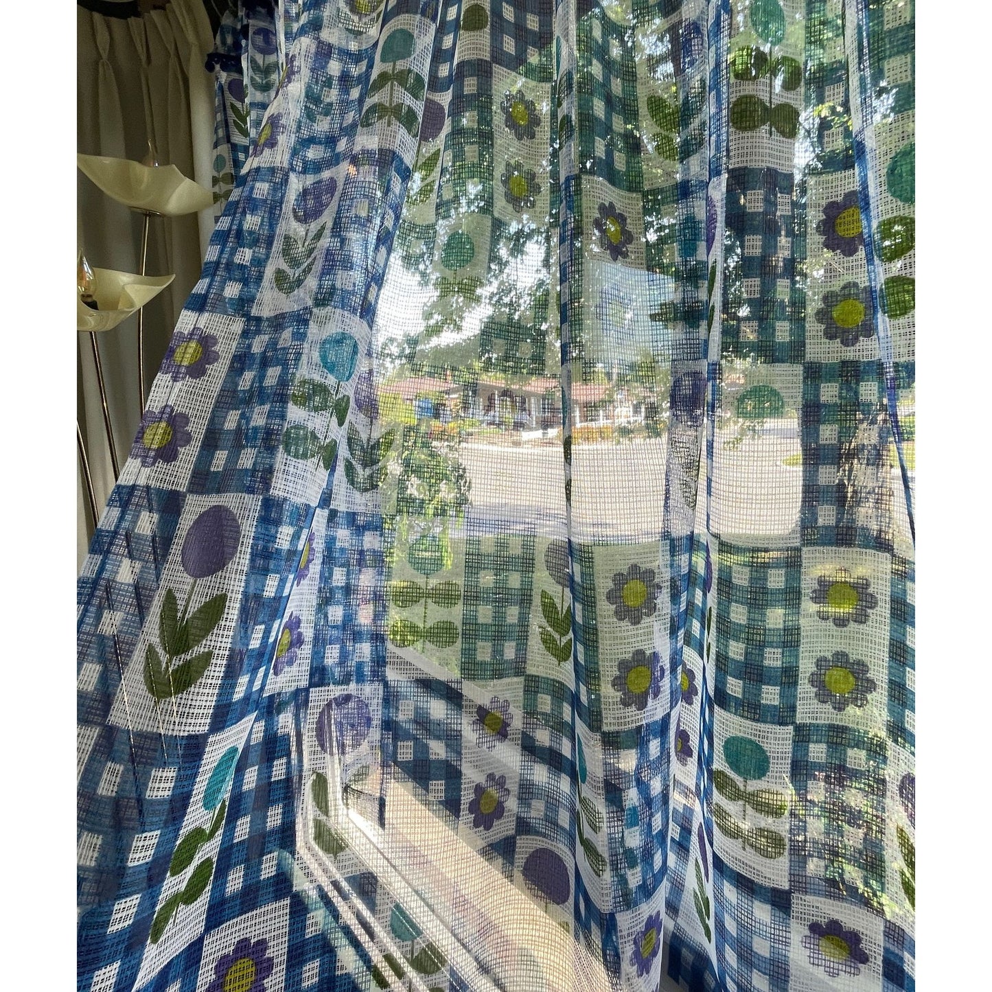 Vintage 70s curtains with pompoms, sheer blue purple green floral and checks