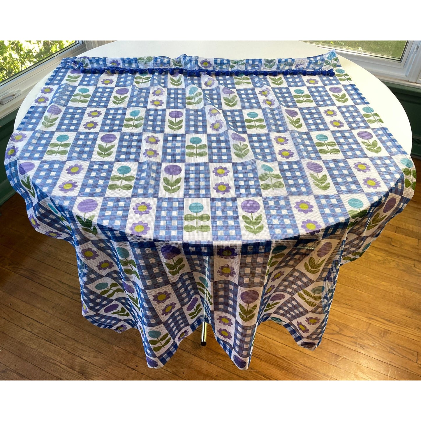 Vintage 70s curtains with pompoms, sheer blue purple green floral and checks