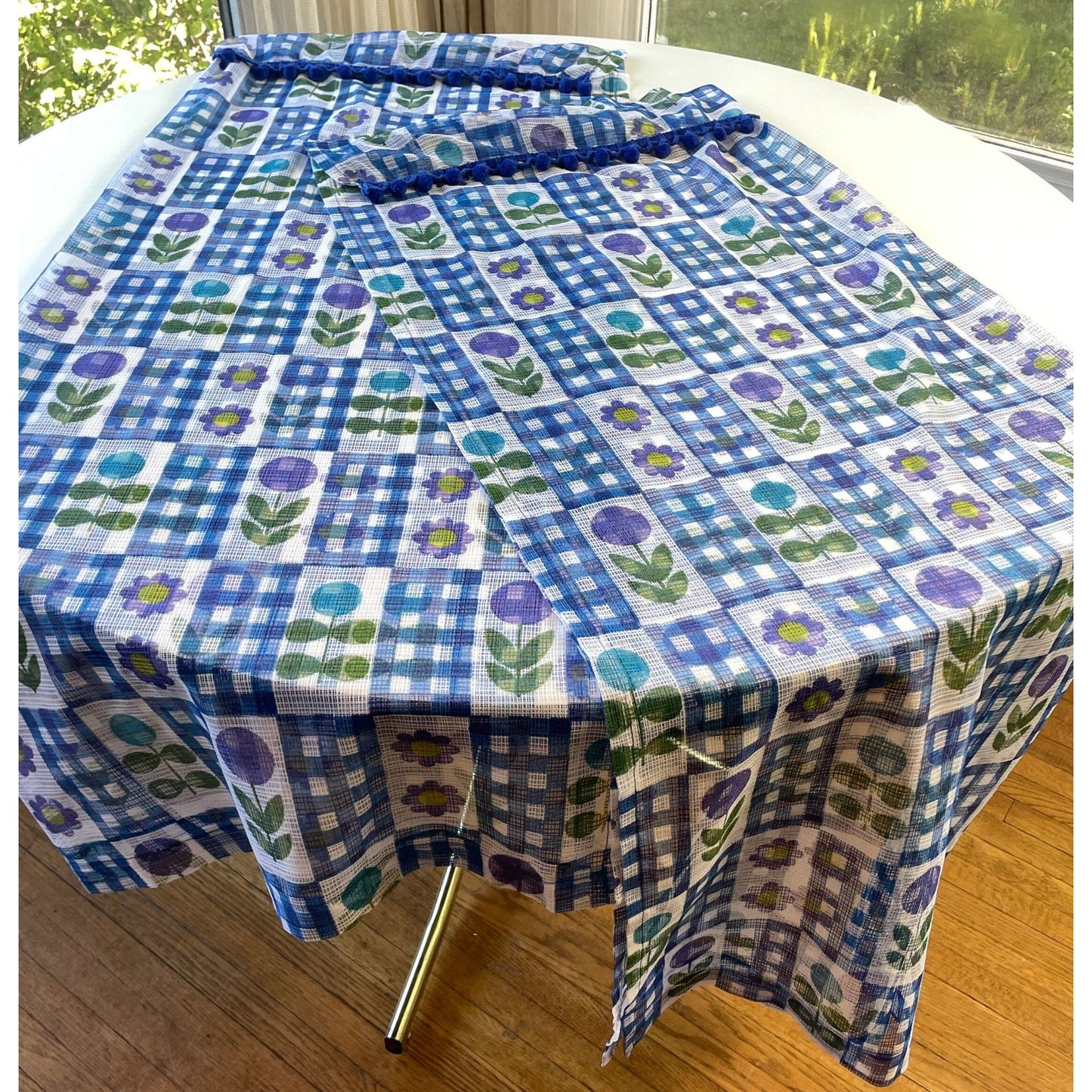 Vintage 70s curtains with pompoms, sheer blue purple green floral and checks