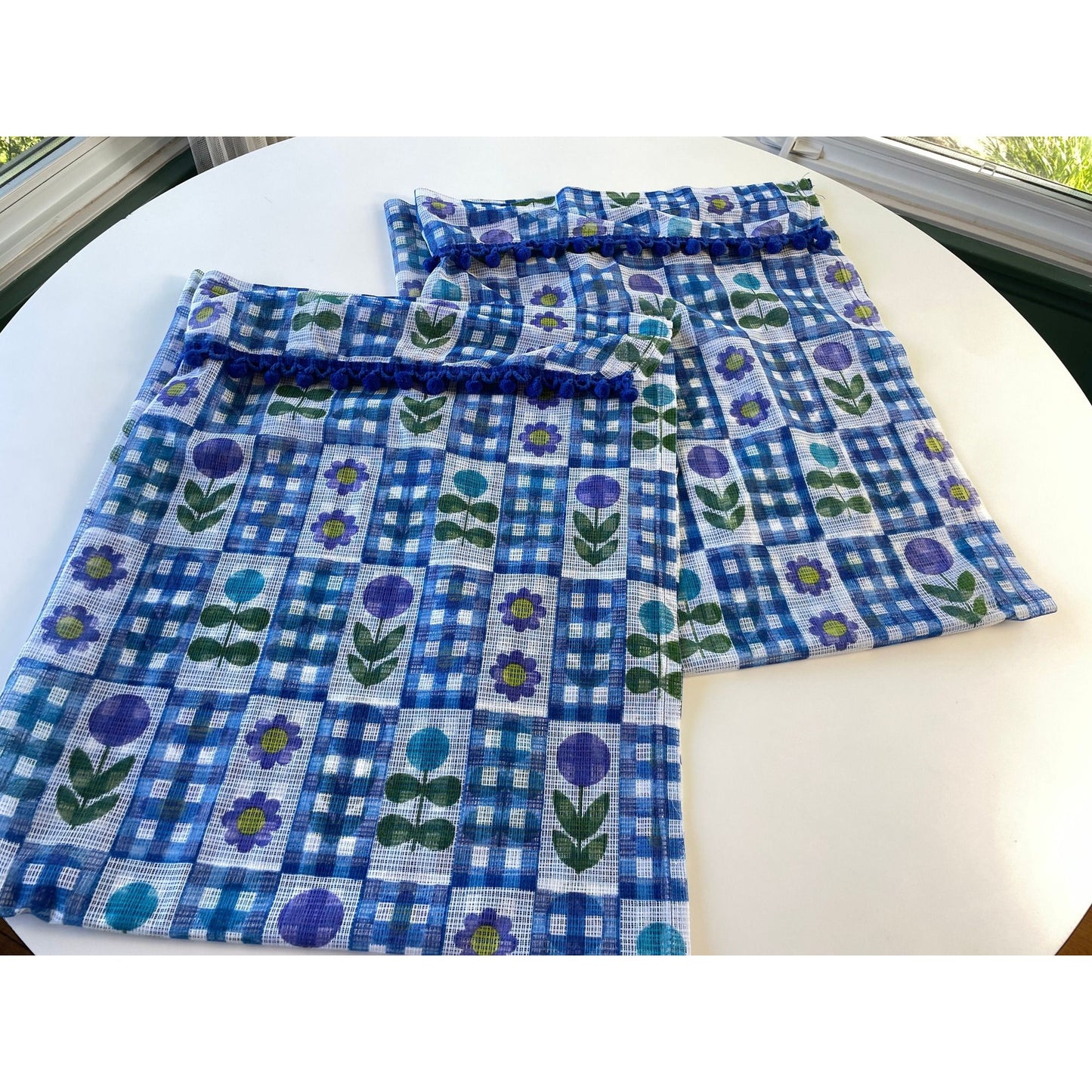 Vintage 70s curtains with pompoms, sheer blue purple green floral and checks