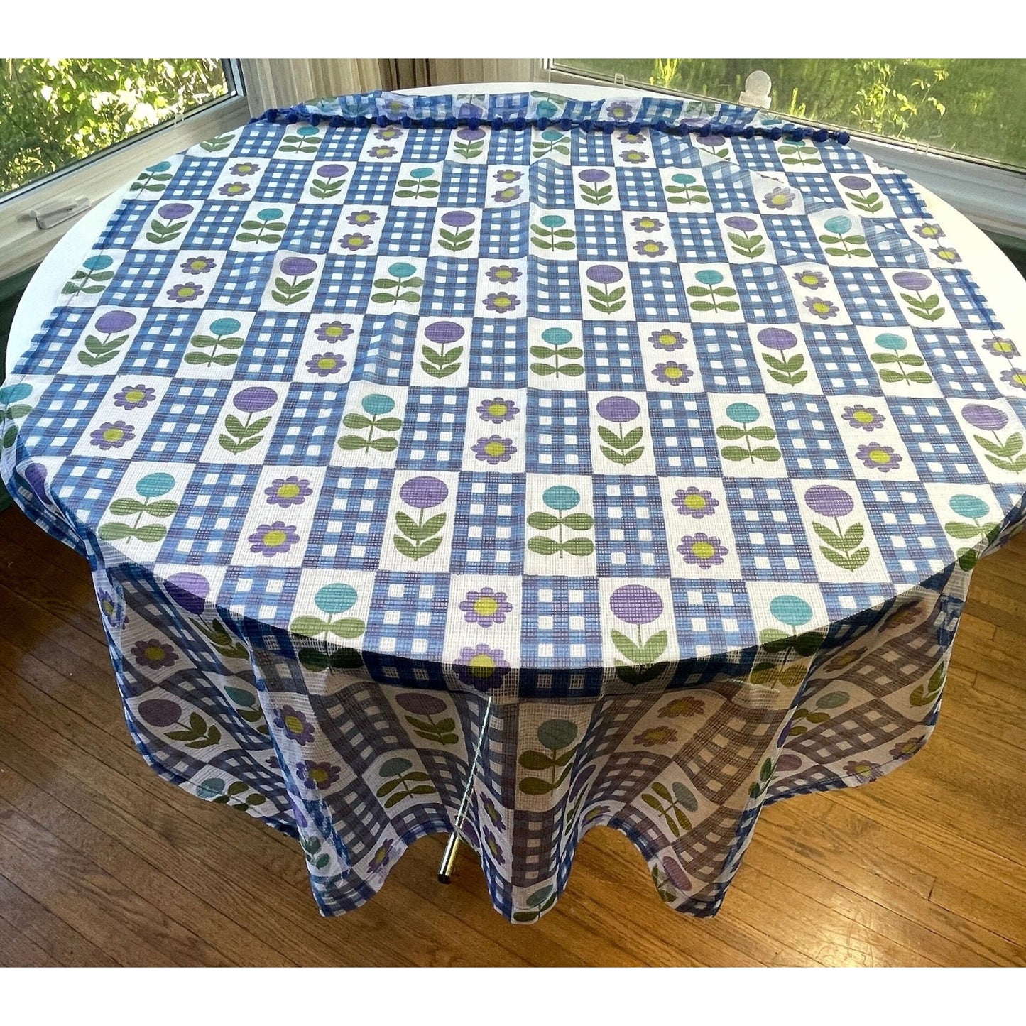 Vintage 70s curtains with pompoms, sheer blue purple green floral and checks