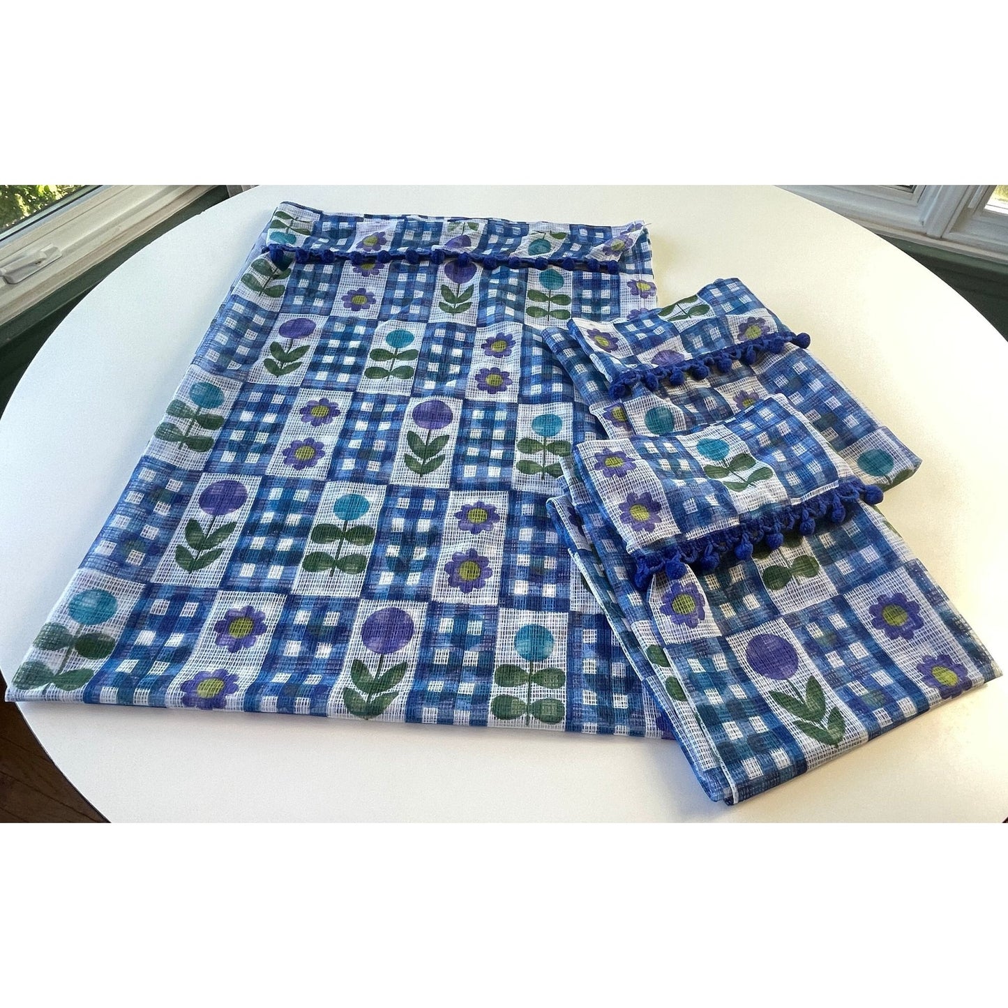 Vintage 70s curtains with pompoms, sheer blue purple green floral and checks