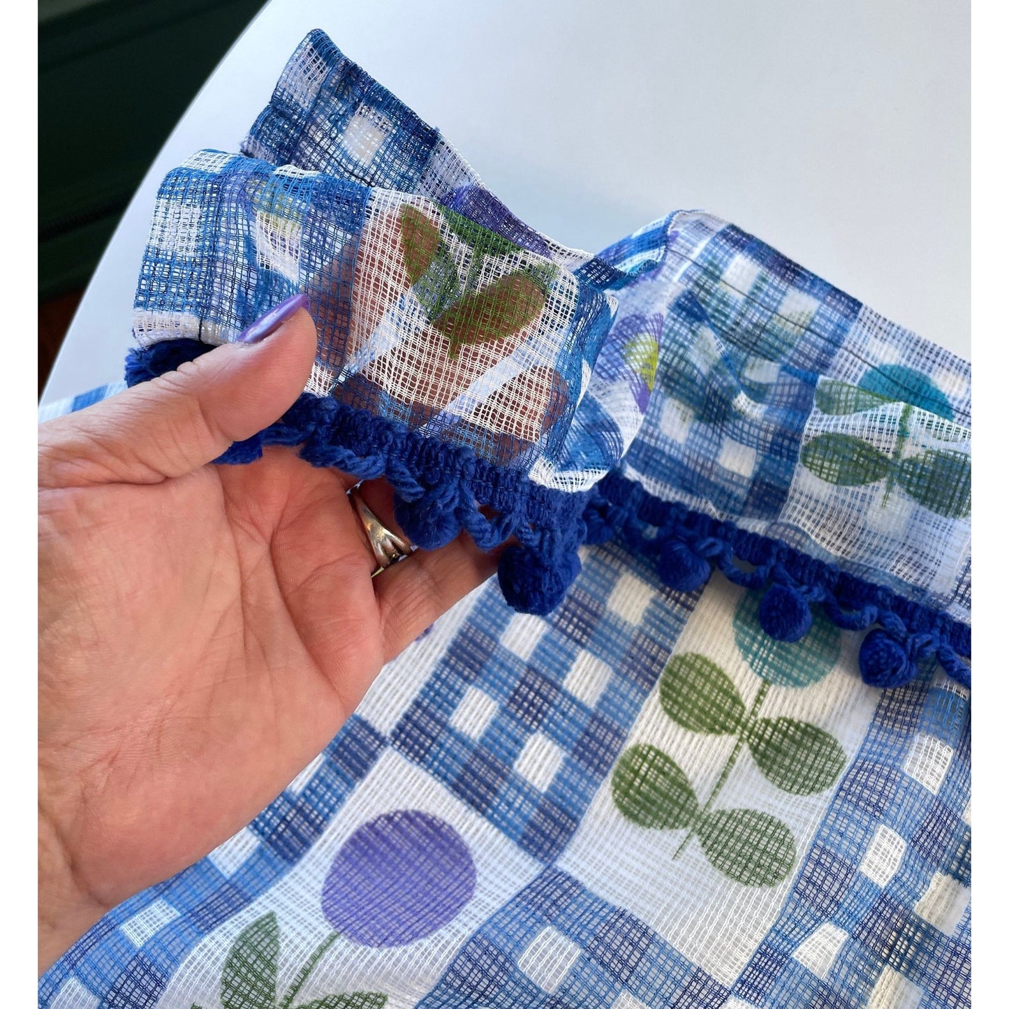 Vintage 70s curtains with pompoms, sheer blue purple green floral and checks
