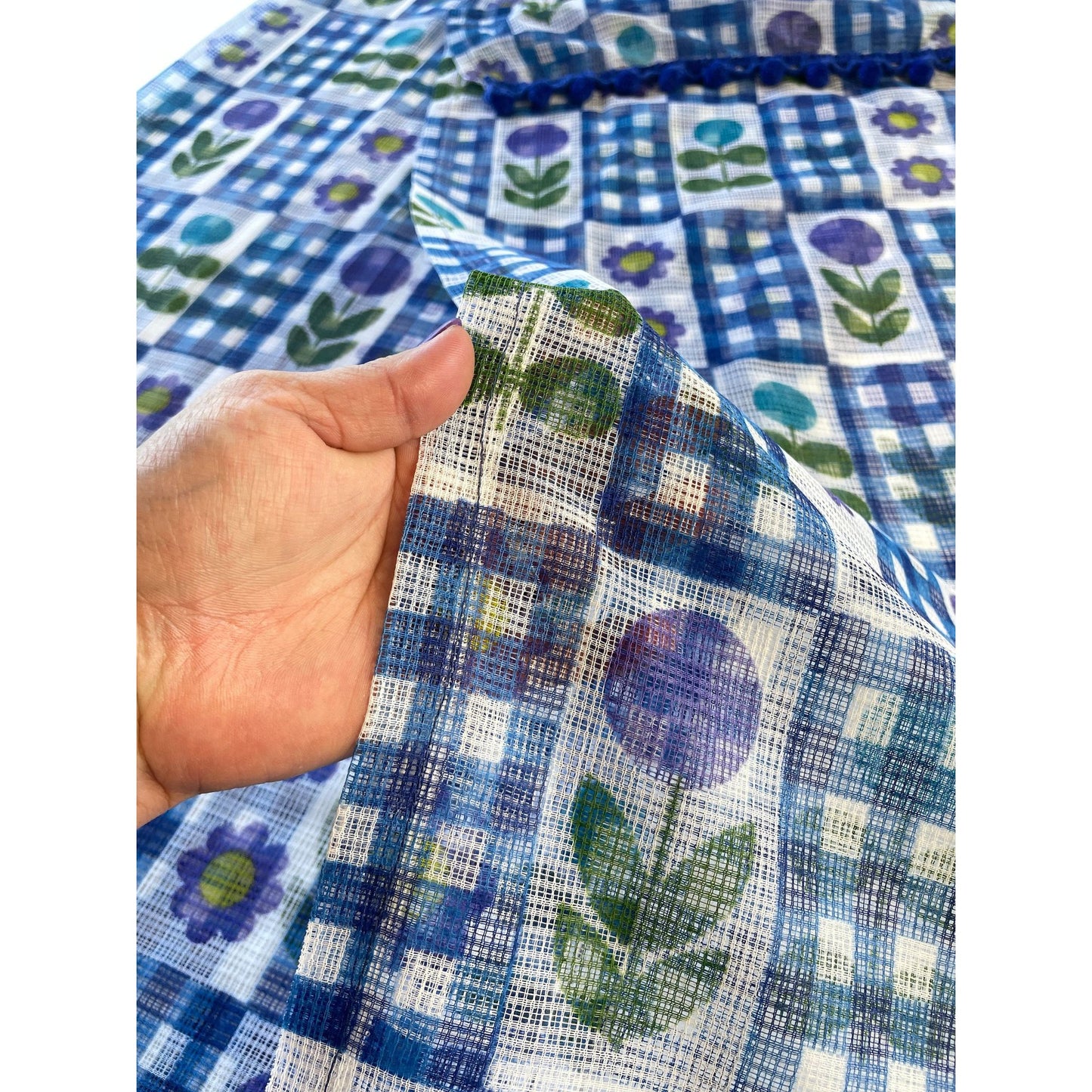 Vintage 70s curtains with pompoms, sheer blue purple green floral and checks