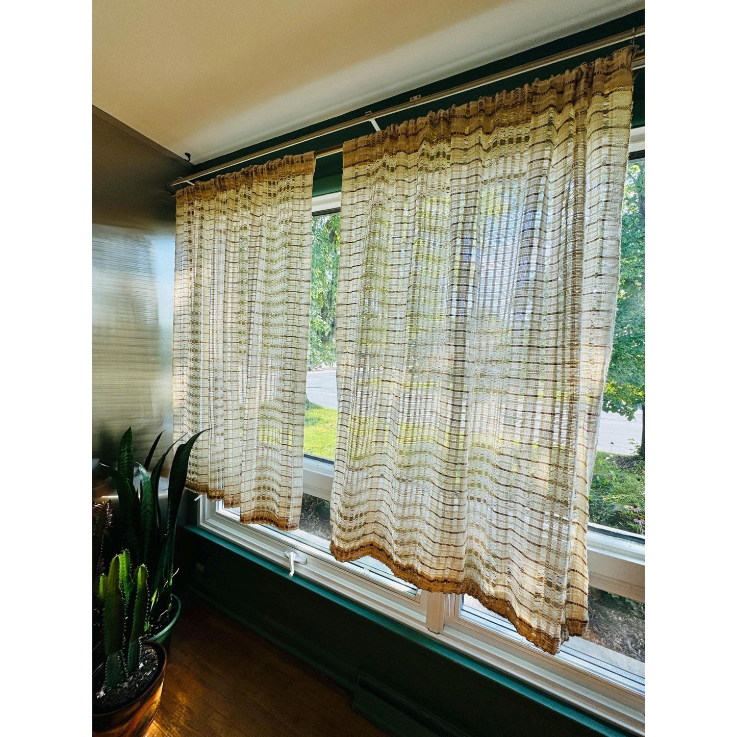 Vintage 70s curtain, beige brown open weave panel
