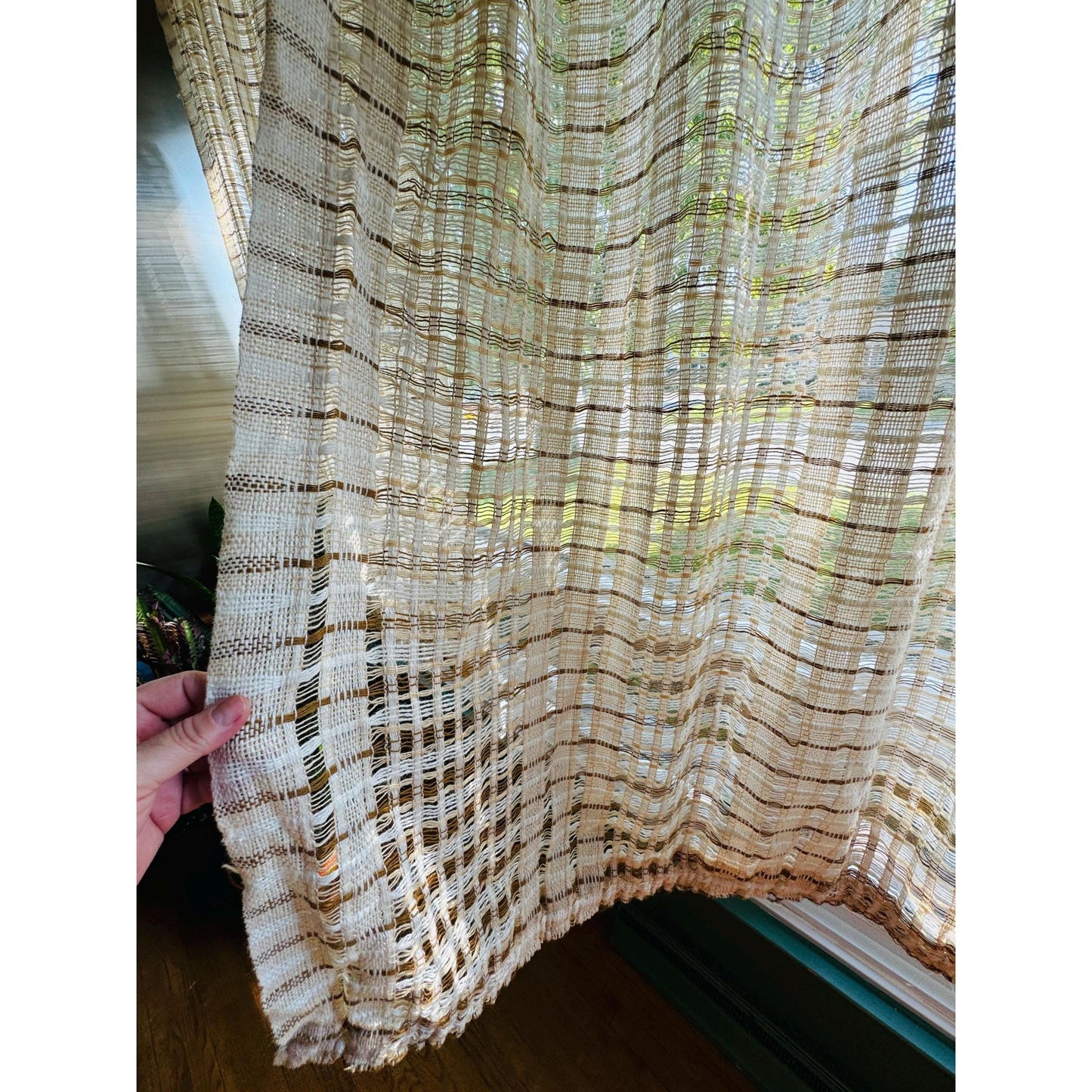 Vintage 70s curtain, beige brown open weave panel