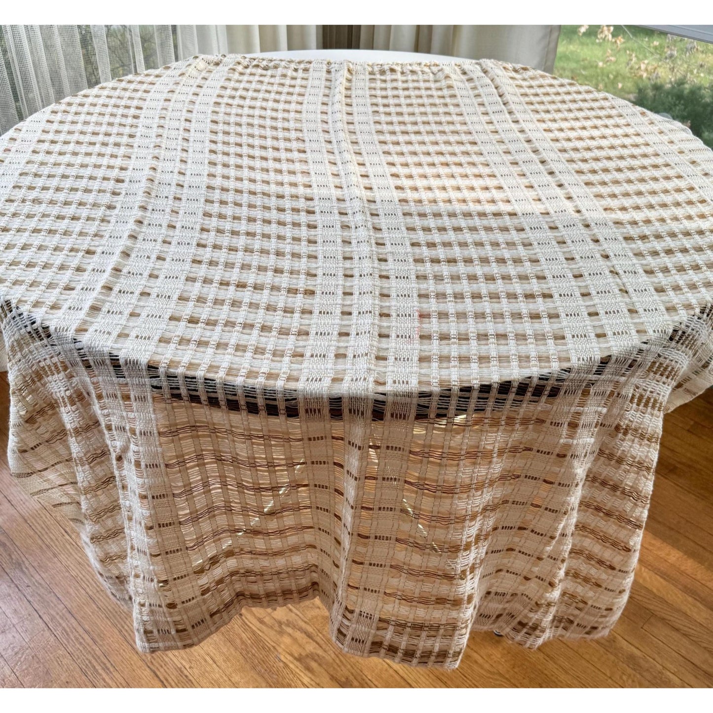 Vintage 70s curtain, beige brown open weave panel
