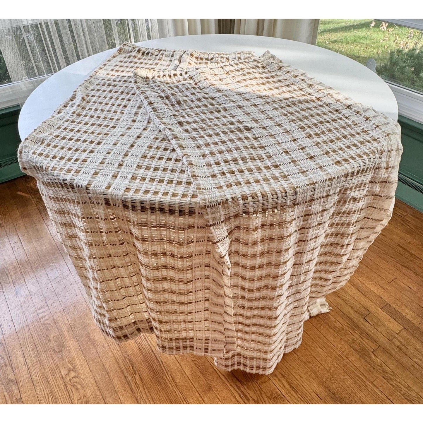Vintage 70s curtain, beige brown open weave panel