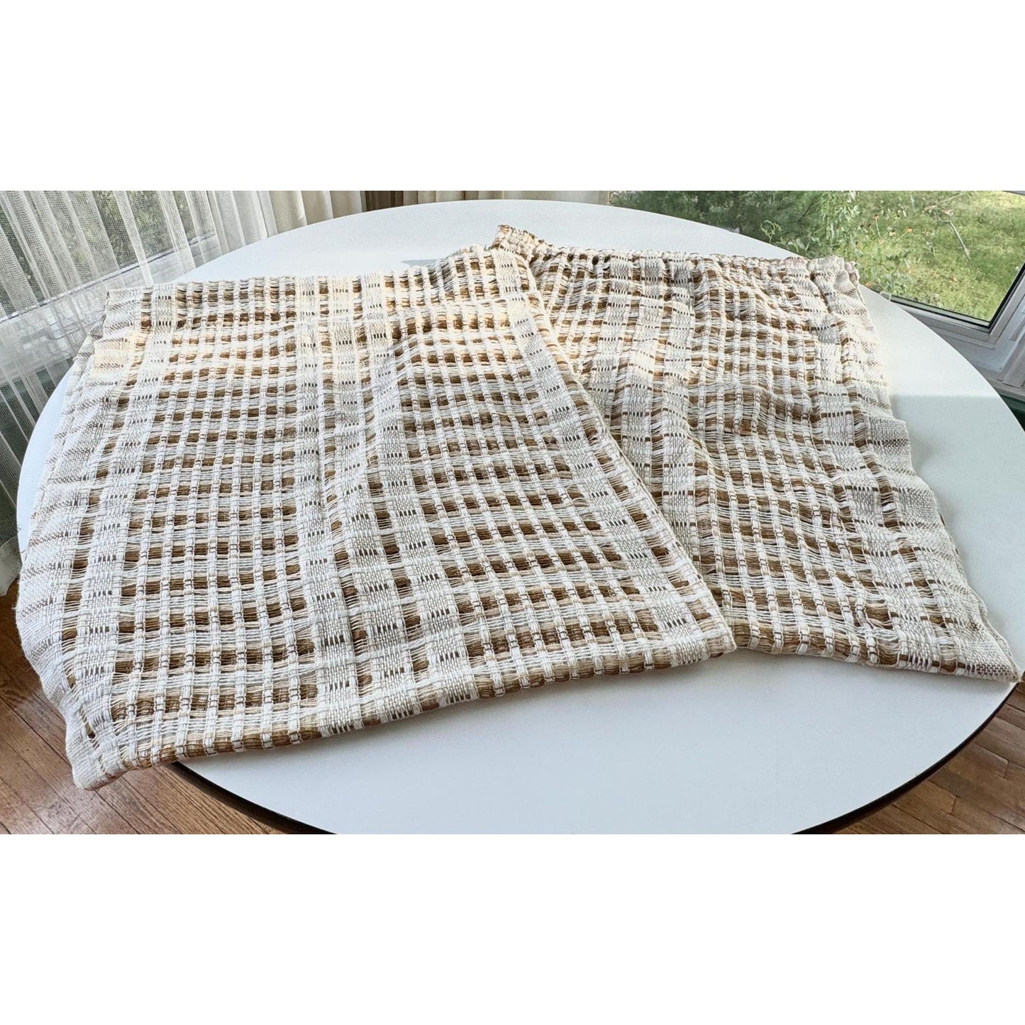 Vintage 70s curtain, beige brown open weave panel